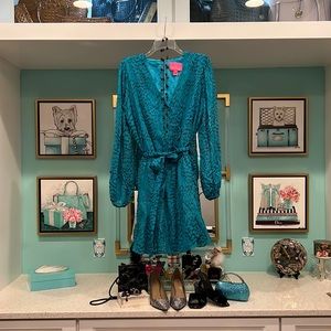 Lilly Pulitzer Allie Silk Romper, Color:Teal Bay Silk Swirl, Small, New